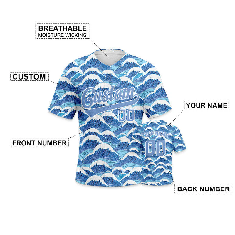 Custom Light Blue White-Light Blue 3D Pattern Design Waves Authentic Baseball Jersey