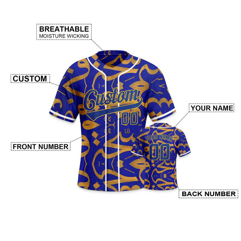 Custom Graffiti Pattern Royal-Gold 3D Pattern Design Authentic Baseball Jersey