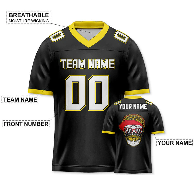Custom Black Gold-White Authentic Skull Fashion Football Jersey4