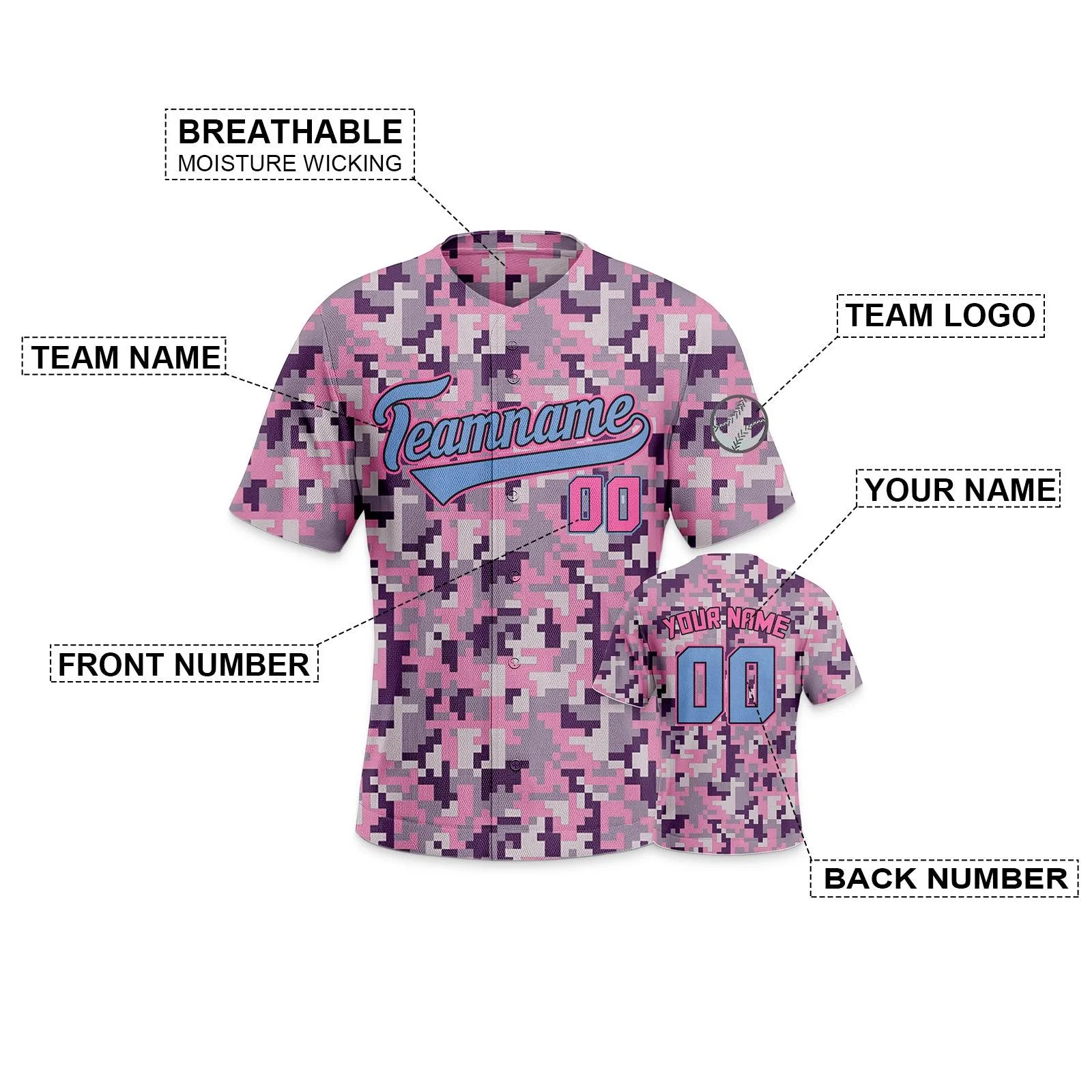 Custom Camo Light Blue-Pink Authentic Salute To Service Baseball Jersey