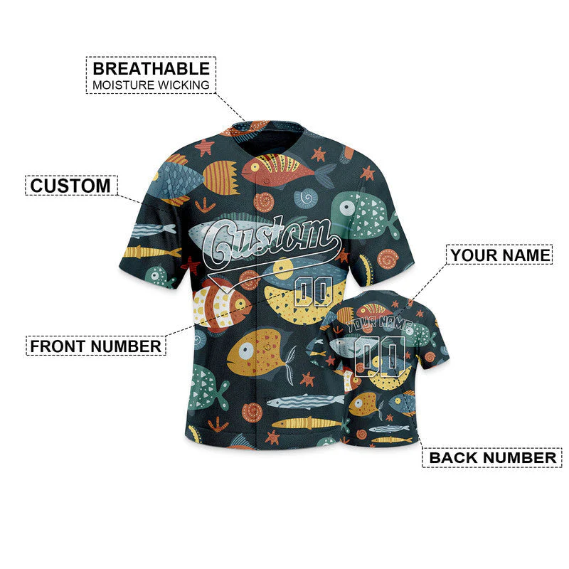 Custom Aqua 3D Pattern Design Fish And Peacock Authentic Baseball Jersey